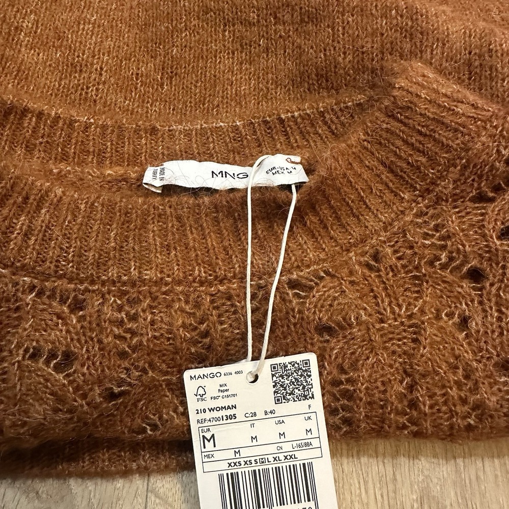 NWT MNG Mango Open Work-Detail Sweater Women's Sz M Rust Cottagecore Boho Fall - Picture 3 of 8
